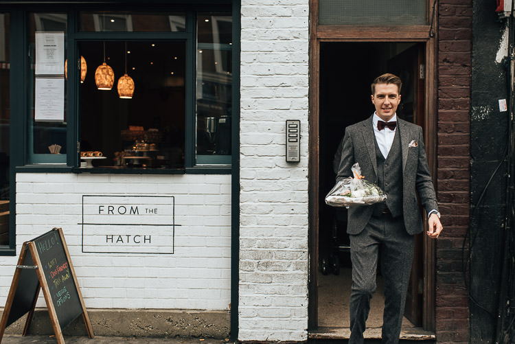 Groom Style Tweed Three Piece Suit Grey Waistcoat Bow Tie Pocket Square Chic Relaxed London Pub Wedding https://theshannons.photography/