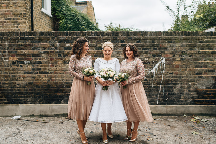 Bride Bridal Candy Anthony Polka Dot Peter Pan Collar Tea Length ASOS Bridesmaids Sparkly Sequin Long Sleeve Tulle Dress Bouquet Chic Relaxed London Pub Wedding https://theshannons.photography/