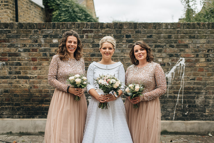 Bride Bridal Candy Anthony Polka Dot Peter Pan Collar Tea Length ASOS Bridesmaids Sparkly Sequin Long Sleeve Tulle Dress Bouquet Buff Chic Relaxed London Pub Wedding https://theshannons.photography/