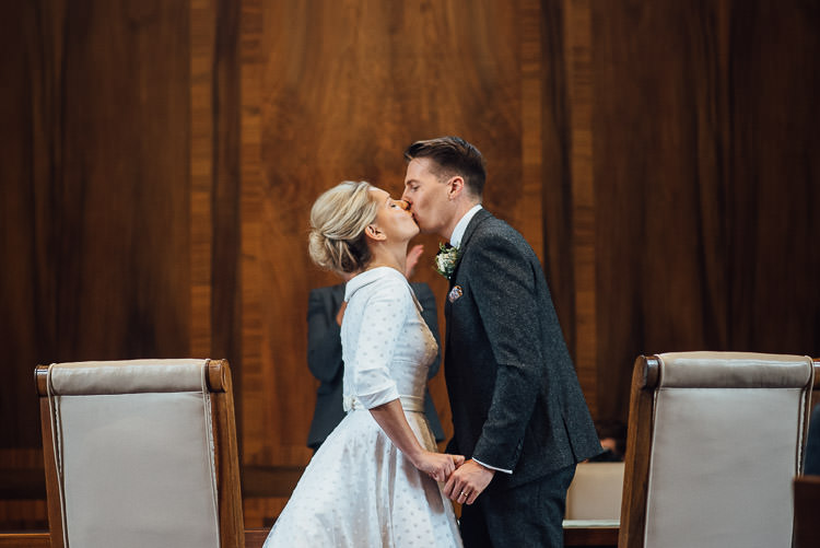 Bride Bridal Candy Anthony Polka Dot Peter Pan Collar Tea Length Groom Three Piece Suit Waistcoat Grey Tweed Burgundy Bow Tie Pocket Square Chic Relaxed London Pub Wedding https://theshannons.photography/