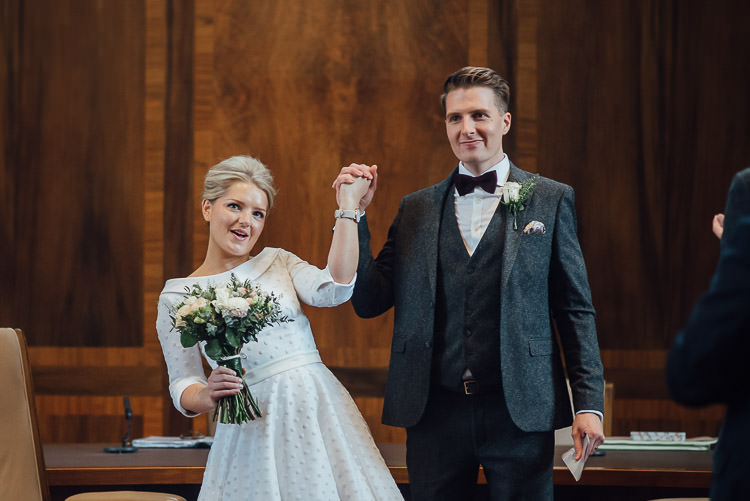 Bride Bridal Candy Anthony Polka Dot Peter Pan Collar Tea Length Groom Three Piece Suit Waistcoat Grey Tweed Burgundy Bow Tie Pocket Square Bouquet Chic Relaxed London Pub Wedding https://theshannons.photography/