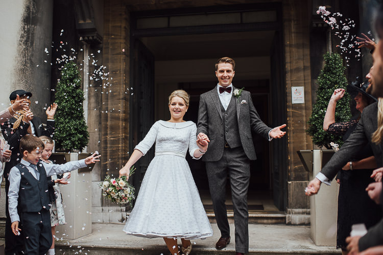 Bride Bridal Candy Anthony Polka Dot Peter Pan Collar Tea Length Groom Three Piece Suit Waistcoat Grey Tweed Burgundy Bow Tie Pocket Square Bouquet Confetti Chic Relaxed London Pub Wedding https://theshannons.photography/