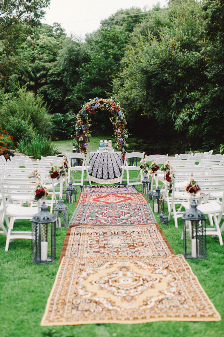 Persian Rug Aisle Flower Arch Ceremony Retro 70s Bohemian Summer Dream Wedding http://whitecatstudio.ie/