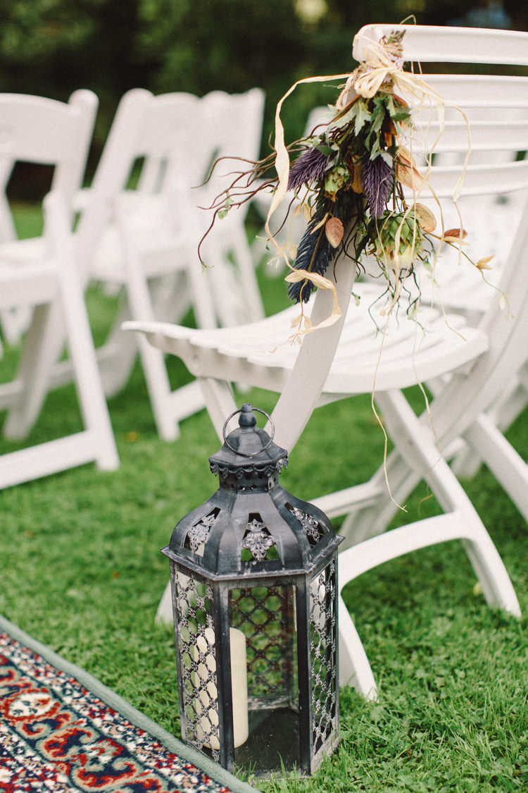 Chair Flowers Pew End Aisle Lanterns Candles Retro 70s Bohemian Summer Dream Wedding http://whitecatstudio.ie/