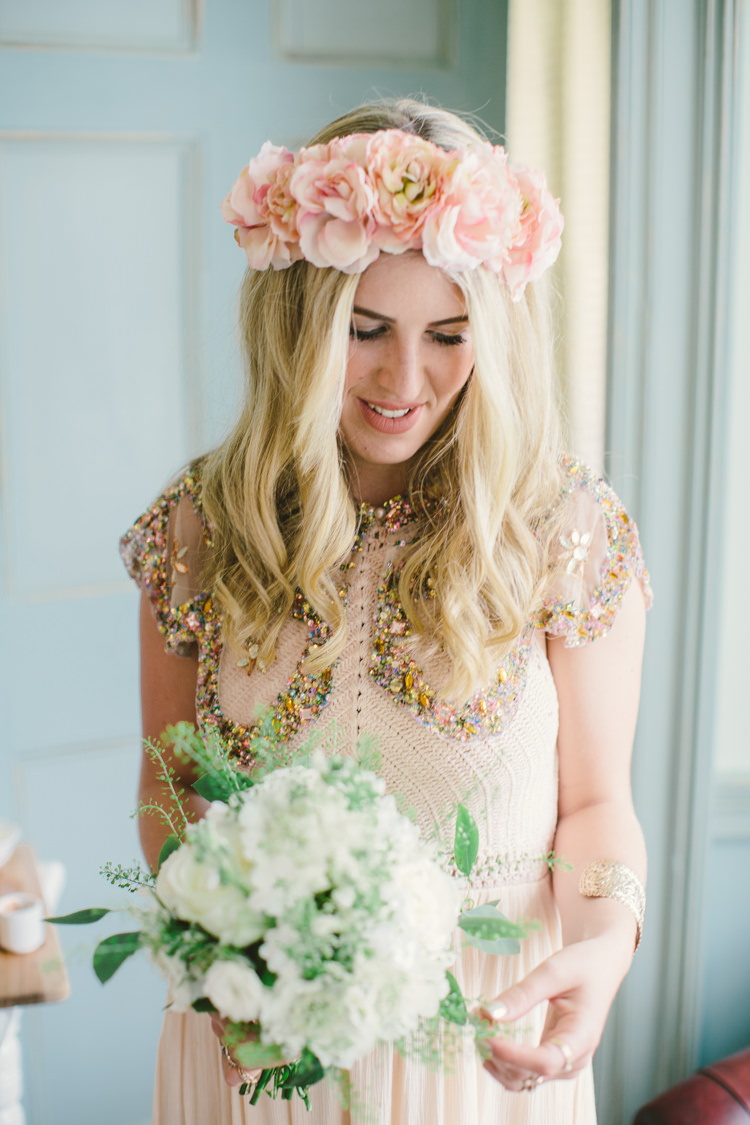 Bridesmaid Sequin Dress Flowers Crown Retro 70s Bohemian Summer Dream Wedding http://whitecatstudio.ie/