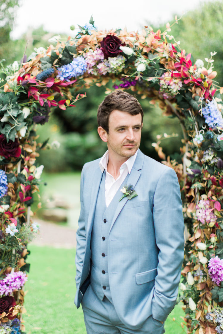Blue Suit Open Collar Groom Retro 70s Bohemian Summer Dream Wedding http://whitecatstudio.ie/