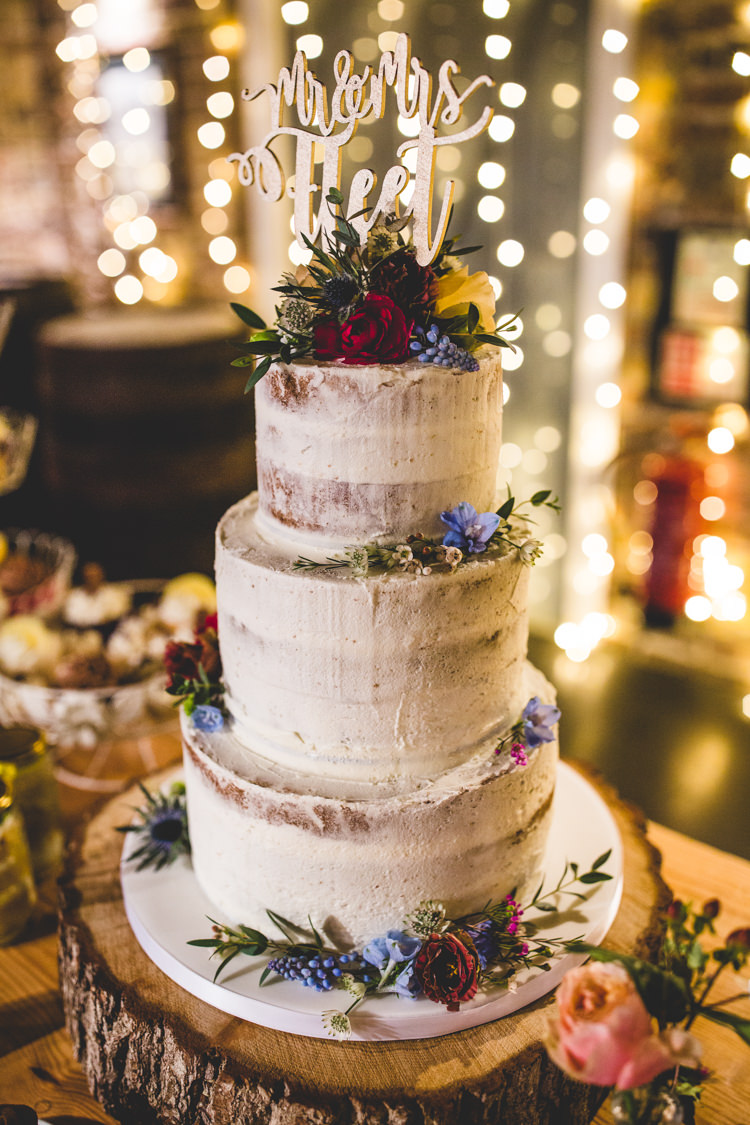 Cake Buttercream Floral Flowers Wild Laser Cut Topper Wood Slice Log Stand Colourful Fun Cosy Rainy Sea Wedding http://www.livvy-hukins.co.uk/