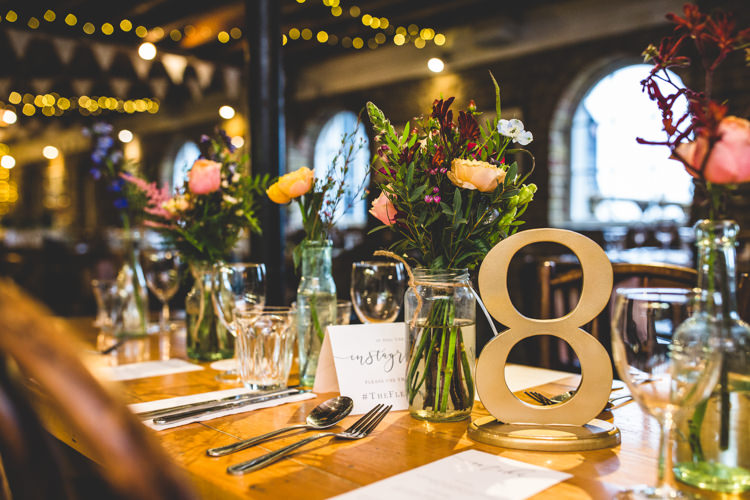 Flowers Floral Jar Wild Vase Table Number Gold Wood Cut Colourful Fun Cosy Rainy Sea Wedding http://www.livvy-hukins.co.uk/