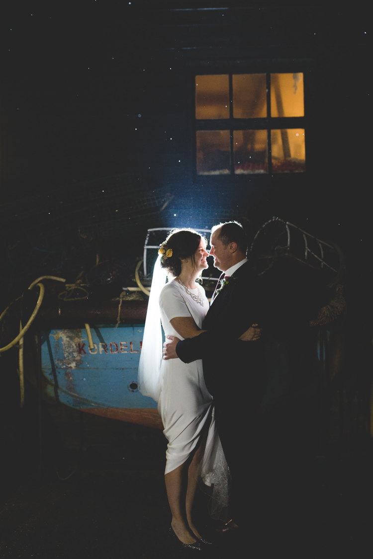 Veil Groom Navy Suit Bride Bridal Floor Length T Shirt Neckline Short Sleeves Colourful Fun Cosy Rainy Sea Wedding http://www.livvy-hukins.co.uk/