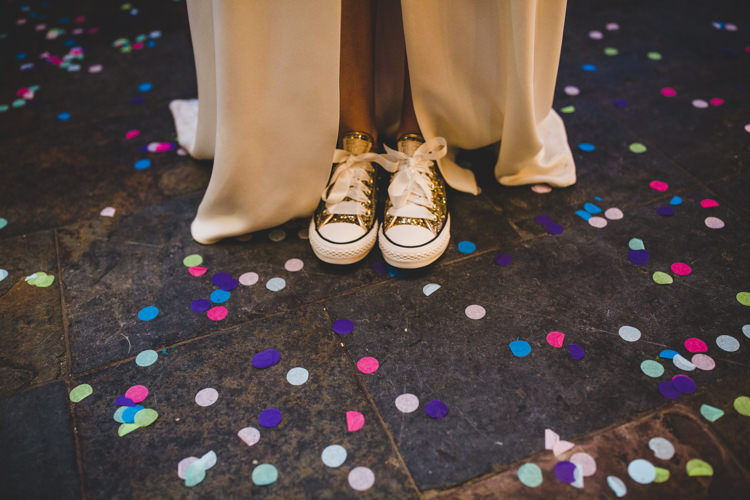 Bride Bridal Sparkly Gold Converse Confetti Colourful Fun Cosy Rainy Sea Wedding http://www.livvy-hukins.co.uk/