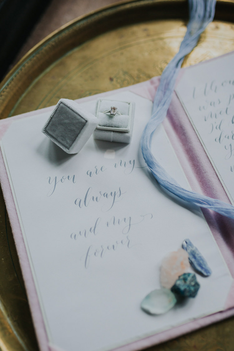 Velvet Ring Box Calligraphy Vows Ribbon Bohemian Cool Raw Crystal Wedding Ideas http://www.kategrayphotography.com/