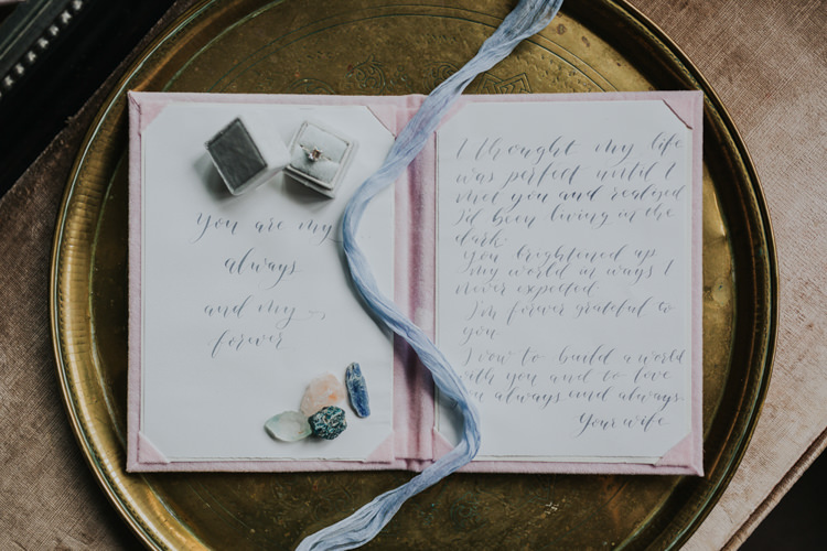 Velvet Ring Box Calligraphy Vows Ribbon Bohemian Cool Raw Crystal Wedding Ideas http://www.kategrayphotography.com/