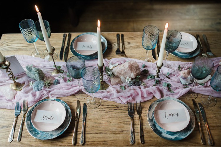 Tablescape Decor Table Silk Runner Pink Candles Glasswear Blue Bohemian Cool Raw Crystal Wedding Ideas https://www.hannahmcclunephotography.com/