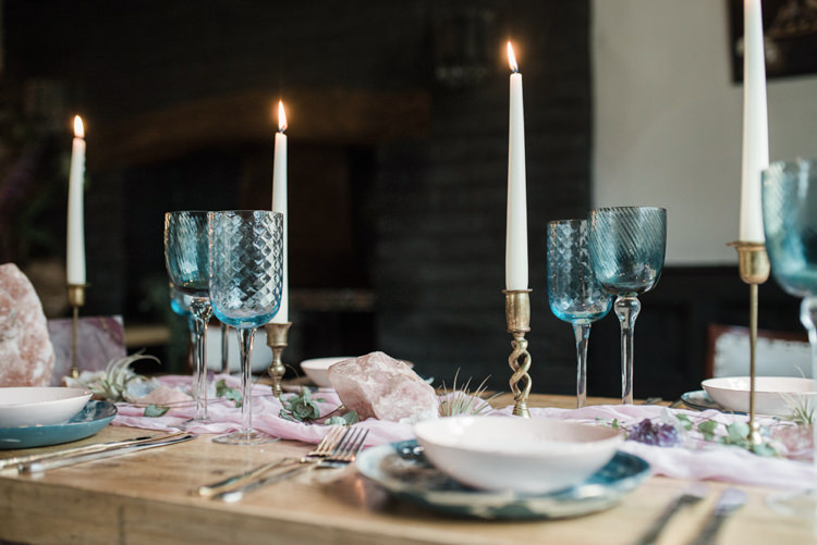 Tablescape Decor Table Silk Runner Pink Candles Glasswear Blue Bohemian Cool Raw Crystal Wedding Ideas https://www.hannahmcclunephotography.com/