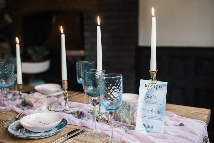 Tablescape Decor Table Silk Runner Pink Candles Glasswear Blue Bohemian Cool Raw Crystal Wedding Ideas https://www.hannahmcclunephotography.com/