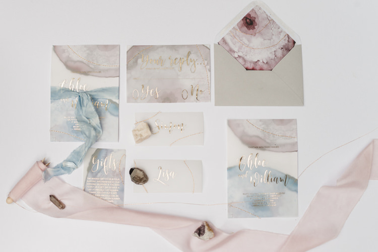 Watercolour Agate Pastel Geode Stationery Invitations Invites Bohemian Cool Raw Crystal Wedding Ideas https://www.hannahmcclunephotography.com/