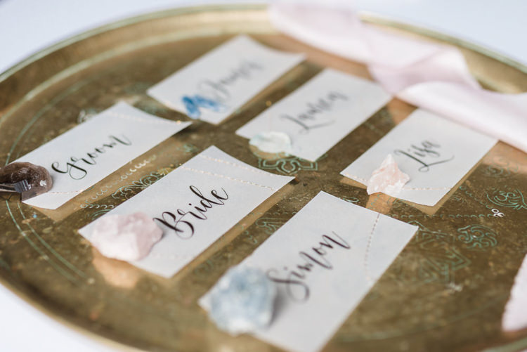 Calligraphy Place Name Cards Bohemian Cool Raw Crystal Wedding Ideas https://www.hannahmcclunephotography.com/