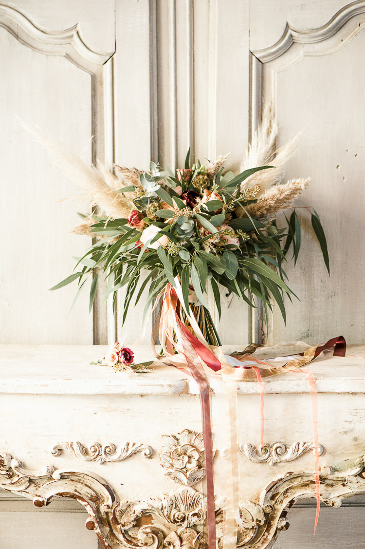 Flowers Bouquet Oxblood Peach Rose Pampas Grass Greenery Velvet Ribbon Bride Bridal Trendy Beautiful French Elopement Wedding Ideas http://oliviamarocco.com/