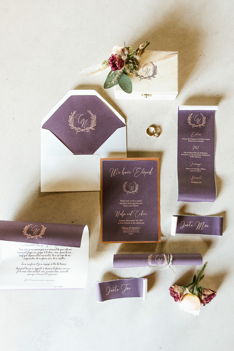 Plum Purple Violet Stationery Gold Calligraphy Invites Inviations Trendy Beautiful French Elopement Wedding Ideas http://oliviamarocco.com/