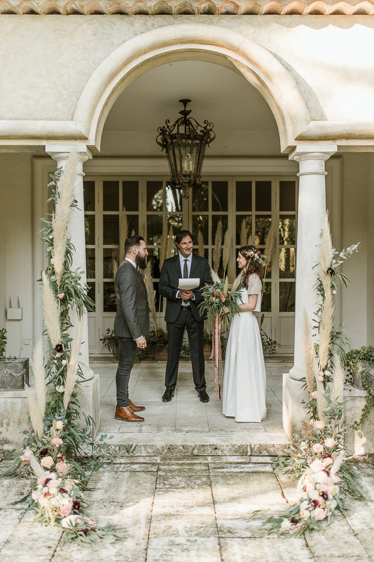 Flowers Arch Ceremony Backrop Oxblood Peach Rose Pampas Grass Greenery Trendy Beautiful French Elopement Wedding Ideas http://oliviamarocco.com/