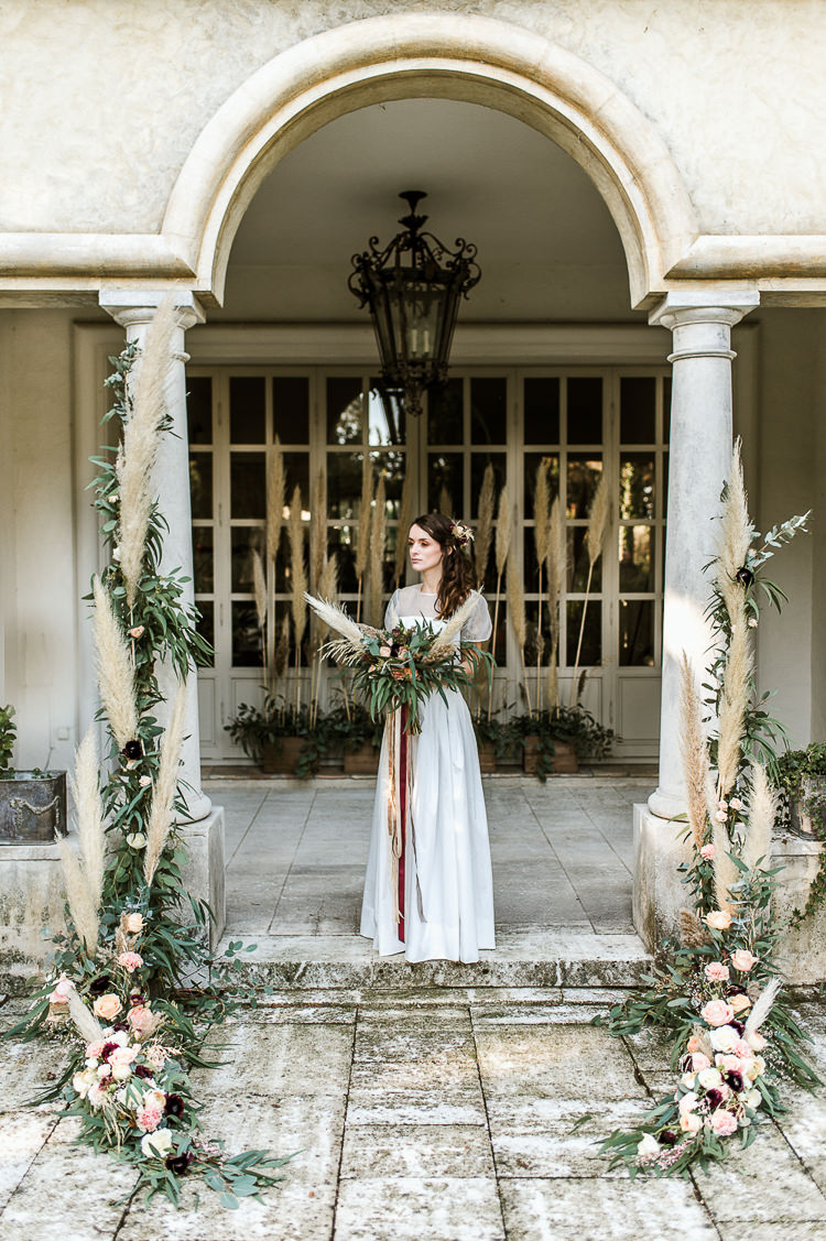 Flowers Bouquet Oxblood Peach Rose Pampas Grass Greenery Velvet Ribbon Bride Bridal Backdrop Ceremony Aisle Trendy Beautiful French Elopement Wedding Ideas http://oliviamarocco.com/