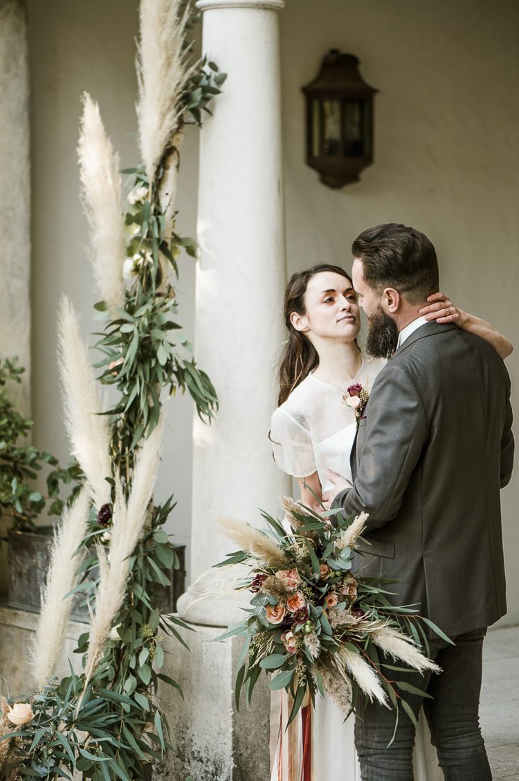 Flowers Bouquet Oxblood Peach Rose Pampas Grass Greenery Velvet Ribbon Bride Bridal Trendy Beautiful French Elopement Wedding Ideas http://oliviamarocco.com/