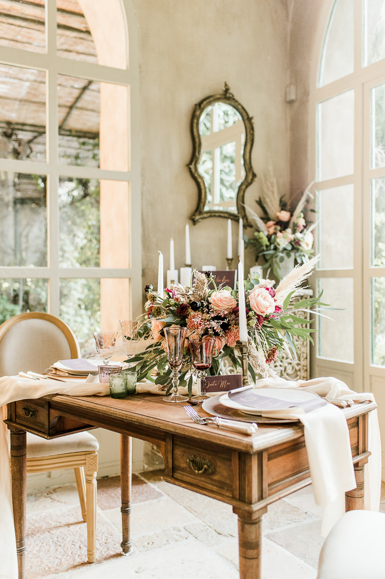 Flowers Centrepiece Table Decor Tablescape Oxblood Peach Rose Pampas Grass Greenery Candles Trendy Beautiful French Elopement Wedding Ideas http://oliviamarocco.com/
