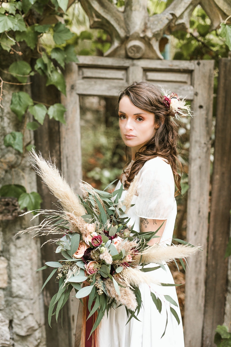 Flowers Bouquet Oxblood Peach Rose Pampas Grass Greenery Velvet Ribbon Bride Bridal Trendy Beautiful French Elopement Wedding Ideas http://oliviamarocco.com/