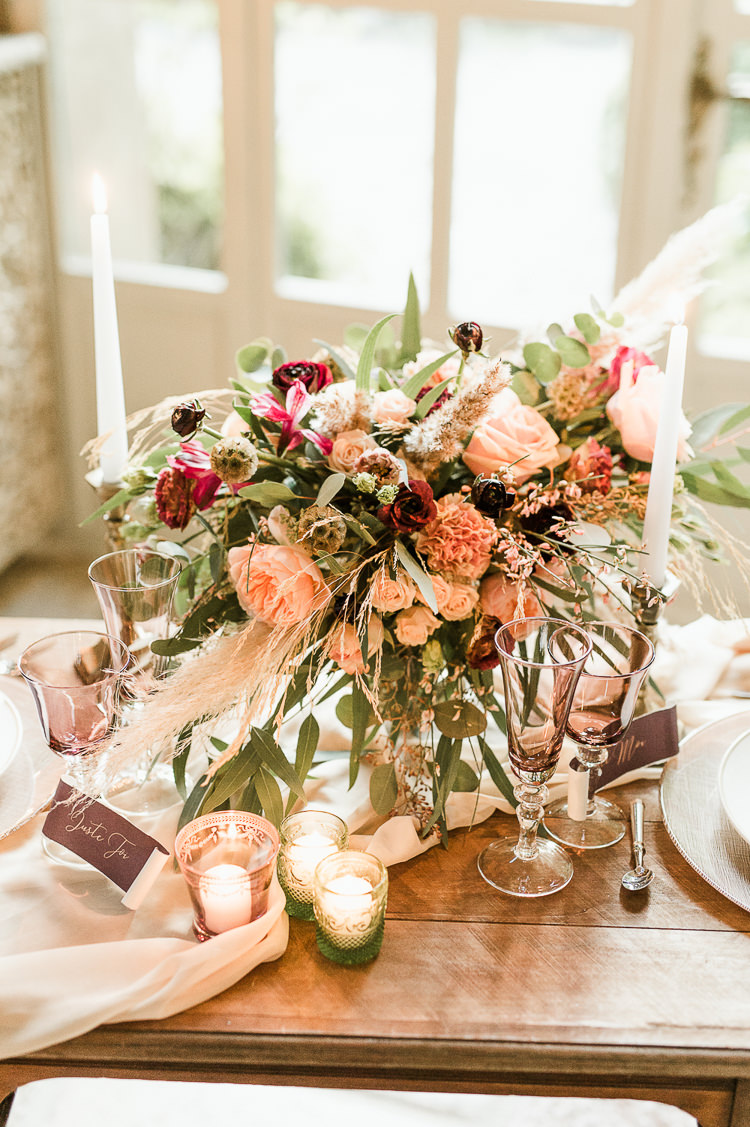 Flowers Centrepiece Table Decor Tablescape Oxblood Peach Rose Pampas Grass Greenery Trendy Beautiful French Elopement Wedding Ideas http://oliviamarocco.com/