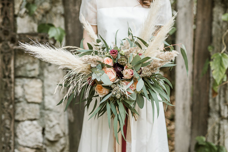 Flowers Bouquet Oxblood Peach Rose Pampas Grass Greenery Velvet Ribbon Bride Bridal Trendy Beautiful French Elopement Wedding Ideas http://oliviamarocco.com/
