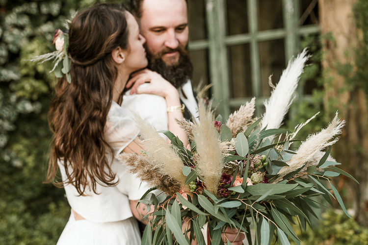 Flowers Bouquet Oxblood Peach Rose Pampas Grass Greenery Velvet Ribbon Bride Bridal Trendy Beautiful French Elopement Wedding Ideas http://oliviamarocco.com/