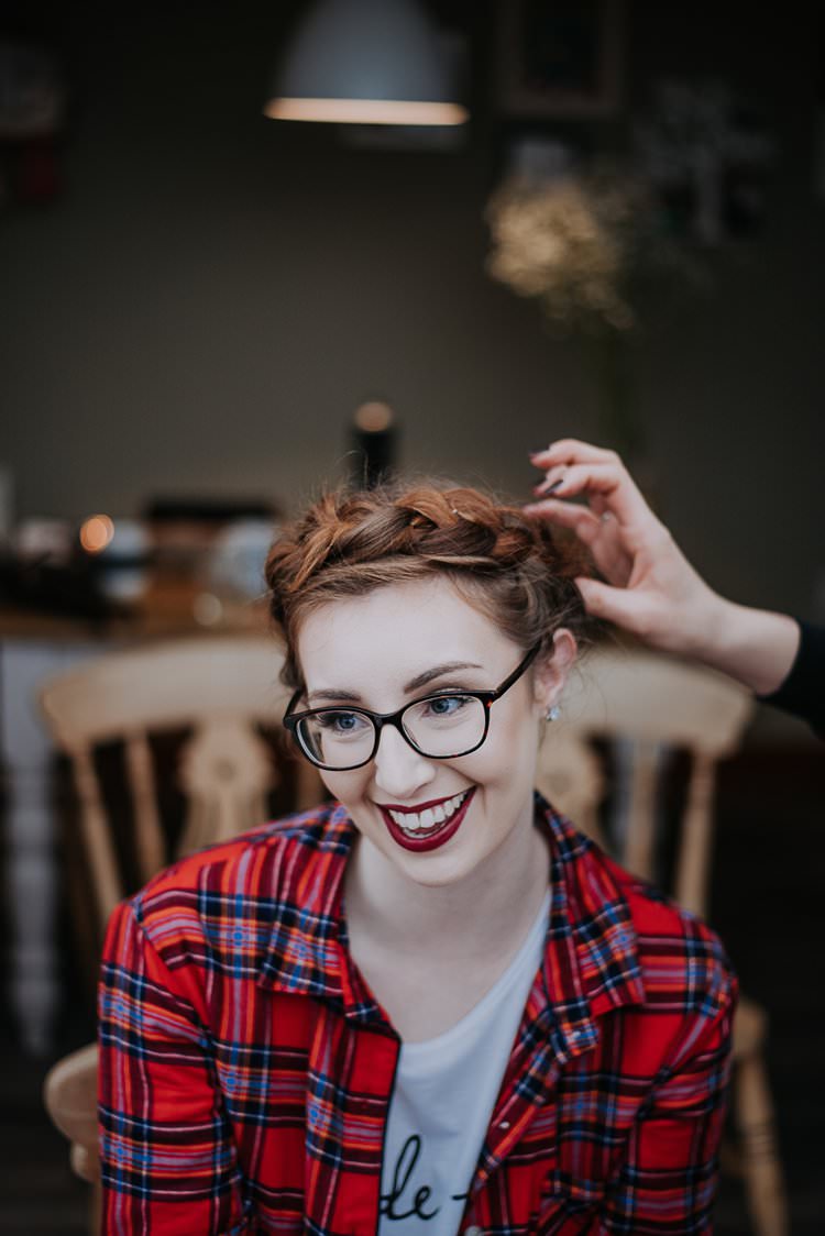 Plait Braid Halo Hair Style Bride Bridal Glasses Twinkly Rustic Winter Wonderland Wedding https://www.kazooieloki.co.uk/