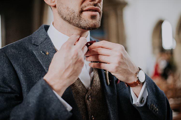 Bow Tie Groom Twinkly Rustic Winter Wonderland Wedding https://www.kazooieloki.co.uk/