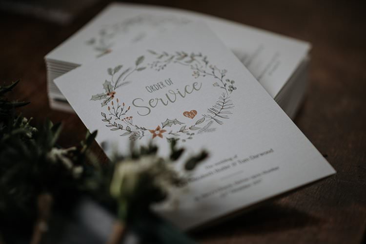 Order Service Stationery Floral Garland Twinkly Rustic Winter Wonderland Wedding https://www.kazooieloki.co.uk/