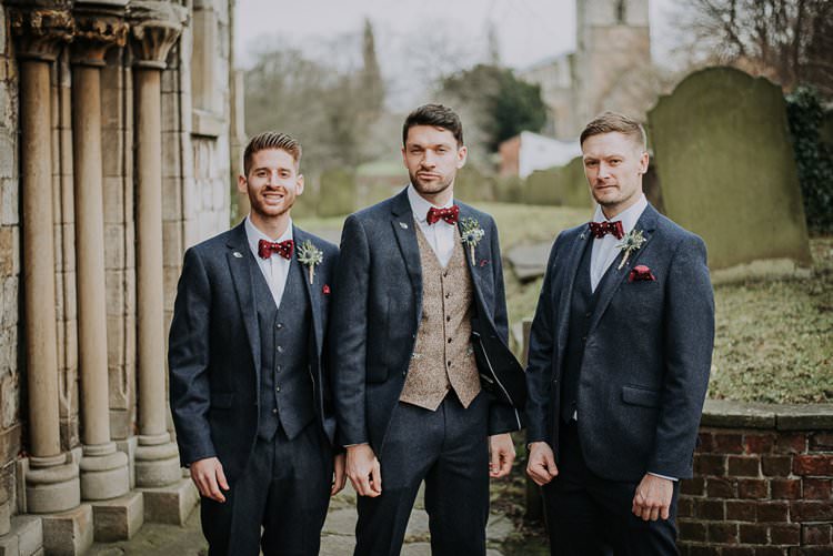 Blue Tweed Suits Groom Groomsmen Bow Tie Twinkly Rustic Winter Wonderland Wedding https://www.kazooieloki.co.uk/