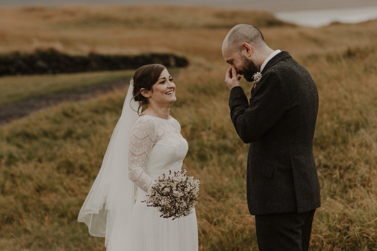 Bride Groom First Look Emotional Gypsophila Baby's Breath Bouquet Outdoor Destination Elopement | Intimate Adventurous Emotional Iceland Wedding http://www.thecurries.co/