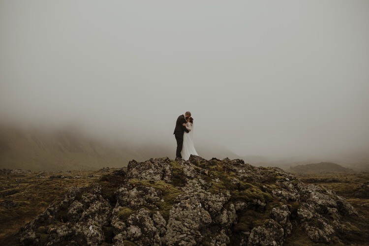 Bride Groom Destination Elopement Nordic Outdoor Fog Field Cliff Coast Sea Minimalist Style | Intimate Adventurous Emotional Iceland Wedding http://www.thecurries.co/