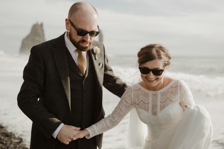 Bride Groom Destination Elopement Nordic Waterfall Cliff Coast Sea Minimalist Style Sunglasses | Intimate Adventurous Emotional Iceland Wedding http://www.thecurries.co/