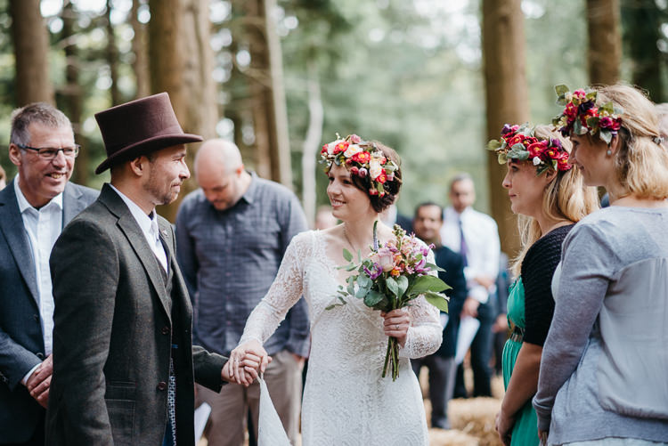 Bride Bridal Vintage Lace Dress Long Sleeved Flower Crown Bouquet White Stuff Groom No Tie Waistcoat Three Piece Suit Top Hat Tweed Folky Woodland Adventure Wedding https://elainewilliamsphoto.com/