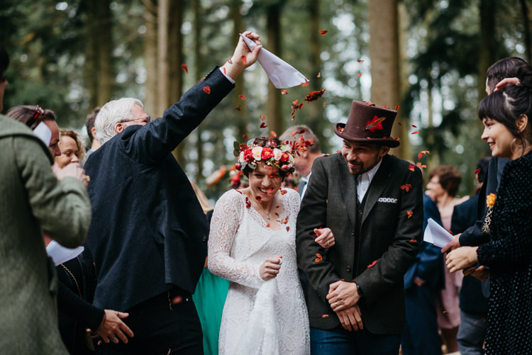 Bride Bridal Vintage Lace Dress Long Sleeved Flower Crown Bouquet White Stuff Groom No Tie Waistcoat Three Piece Suit Top Hat Tweed Confetti Shot Folky Woodland Adventure Wedding https://elainewilliamsphoto.com/