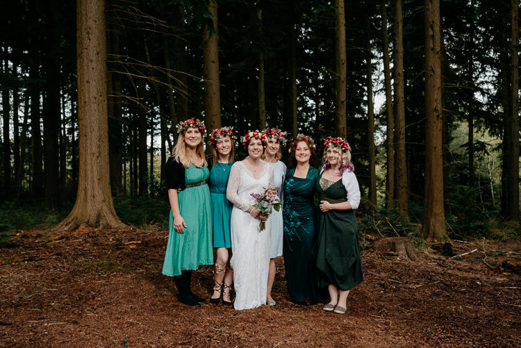 Bride Bridal Vintage Lace Dress Long Sleeved Flower Crown Bouquet Green Mismatched Bridesmaids Folky Woodland Adventure Wedding https://elainewilliamsphoto.com/