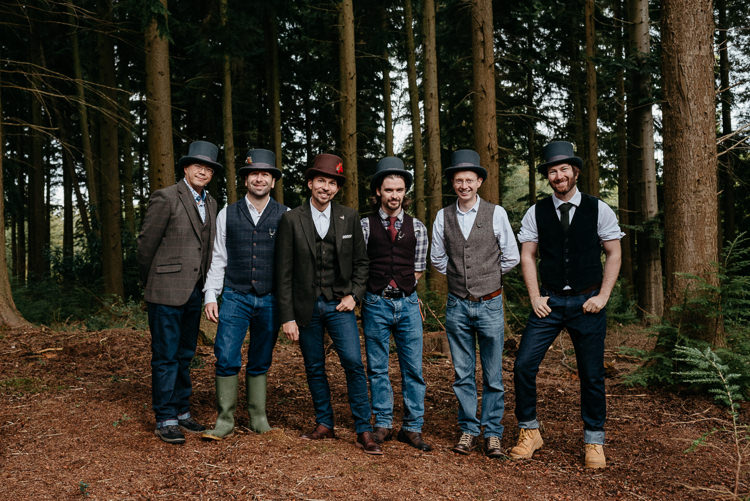 Mismatched Groom Groomsmen Waistcoat Checked Shirts Jeans Top Hats Wellies Folky Woodland Adventure Wedding https://elainewilliamsphoto.com/
