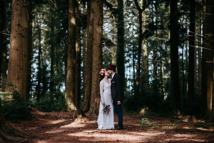 Bride Bridal Vintage Lace Dress Long Sleeved Flower Crown Bouquet White Stuff Groom No Tie Waistcoat Three Piece Suit Top Hat Tweed Folky Woodland Adventure Wedding https://elainewilliamsphoto.com/