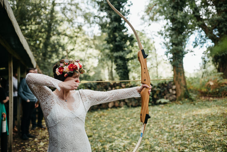 Bride Bridal Archery Flower Crown Long Sleeved Lace Folky Woodland Adventure Wedding https://elainewilliamsphoto.com/