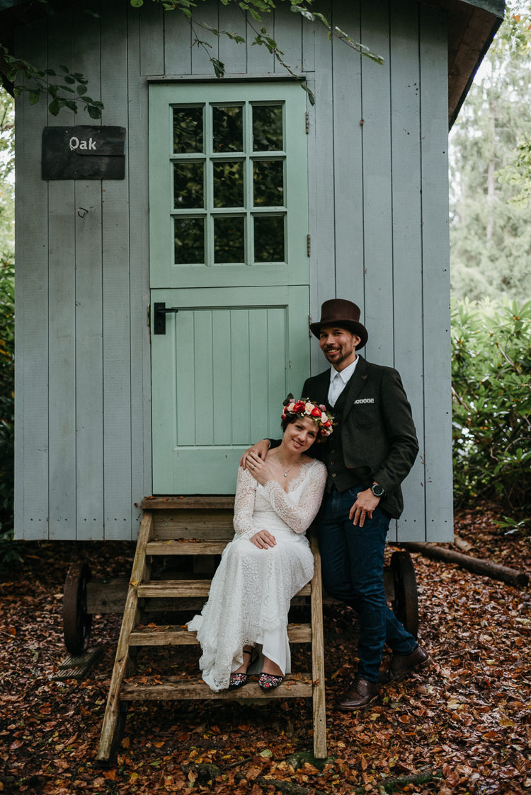 Bride Bridal Vintage Lace Dress Long Sleeved Flower Crown Bouquet White Stuff Groom No Tie Waistcoat Three Piece Suit Top Hat Tweed Shepherds Hut Folky Woodland Adventure Wedding https://elainewilliamsphoto.com/