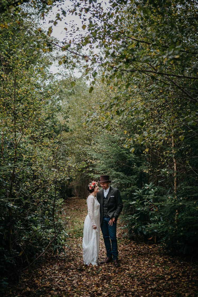 Bride Bridal Vintage Lace Dress Long Sleeved Flower Crown Bouquet White Stuff Groom No Tie Waistcoat Three Piece Suit Top Hat Tweed Folky Woodland Adventure Wedding https://elainewilliamsphoto.com/