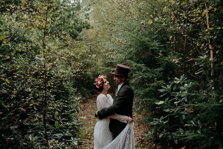 Bride Bridal Vintage Lace Dress Long Sleeved Flower Crown Bouquet White Stuff Groom No Tie Waistcoat Three Piece Suit Top Hat Tweed Folky Woodland Adventure Wedding https://elainewilliamsphoto.com/