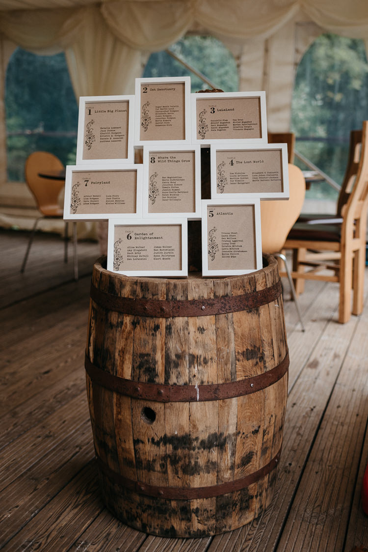 Table Plan Seating Chart Photograph Frame Barrel Folky Woodland Adventure Wedding https://elainewilliamsphoto.com/