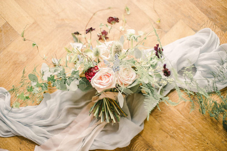 Bouquet Flowers Bride Bridal Peach Blush Rose Thistle Beautiful Fine Art Country House Wedding Ideas https://www.theblushingpeony.co.uk/