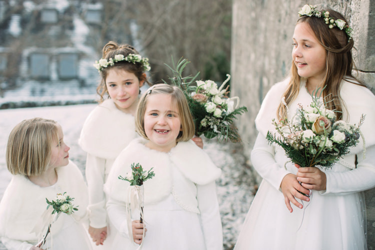 Flower Girls Wintery Faux Fur Cape Stole Posy Floral Wand Crown White Long Sleeved Enchanted Magical Snowy Wedding https://www.thegibsonsphotography.co.uk/
